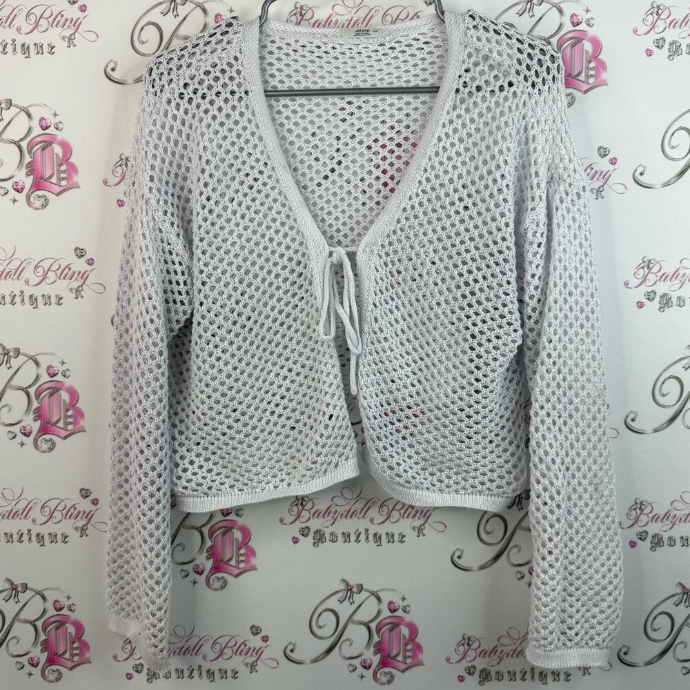 Ardene tie up shirt knit White Open Knit Cropped Tie-Front Sweater